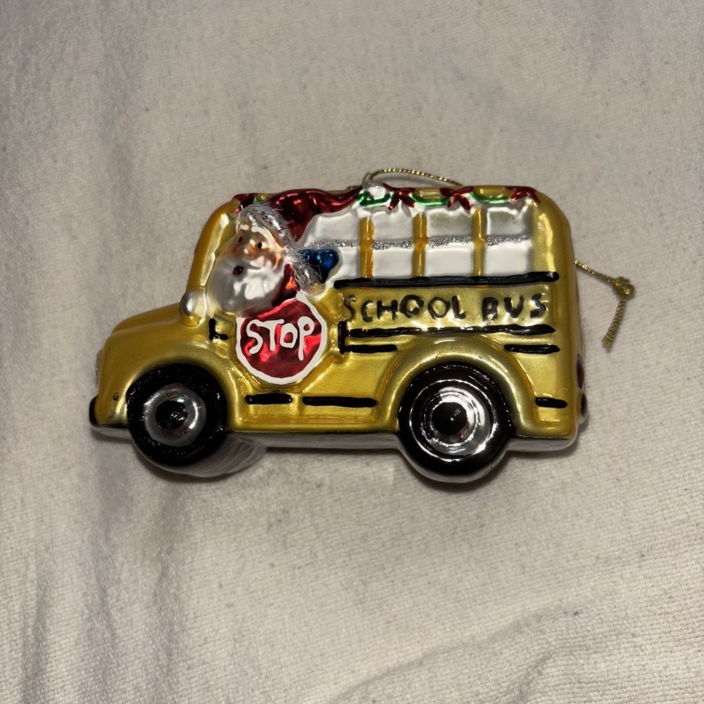 School Bus Christmas Tree Glass‎ Ornament with Santa Claus Driver